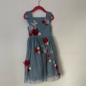 Beautiful blue Mini Boden dress with flowers and butterflies; Size 4-5